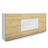 Vladon Sideboard Rova, Kommode mit 4 Türen und 4 Schubladen, Weiß matt/Eiche Natur/Weiß Hochglanz (166 x 72 x 35 cm)