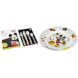 WMF Disney Mickey Mouse Kinderbesteck Set 4-teilig, Kinderbesteck Edelstahl & Disney Mickey Mouse Kindergeschirr Kinderteller 19 cm, Porzellan, spülmaschinengeeignet, farb- und lebensmittelecht