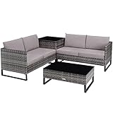 tectake Polyrattan Lounge Sitzgruppe, 4-tlg. Gartenmöbel Set mit Sofa Tisch und Aufbewahrungsbox, Tisch mit Glasplatte, für Garten Balkon und Terrasse, inkl. Sitz- und Rückenkissen (Grau | Nr. 404301)