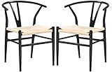 Yaheetech 2-er Set mittelalterliche Esszimmerstühle Y-Stuhl Querlenkerstuhl Natur Wishbone Stuhl Rattan Sessel Lehnstuhl mit Gewebtem Sitz, Armlehnenstuhl, schwarz+holzfarbe