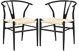 Yaheetech 2-er Set mittelalterliche Esszimmerstühle Y-Stuhl Querlenkerstuhl Natur Wishbone Stuhl Rattan Sessel Lehnstuhl mit Gewebtem Sitz, Armlehnenstuhl, schwarz+holzfarbe