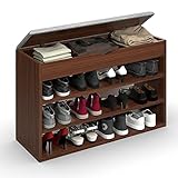 PIPIPOXER Schuhbank mit Sitzfläche, 3 Ebenen Schuhhocker mit Polsterung, 30 x 80 x 58 cm, Aufbewahrung für Schuhe, bis 150kg Belastbar, Schuhregal Holz für Eingangsbereich, Flur, Wohnzimmer, Braun
