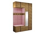 Mirjan24 Garderoben-Set Monati XX, 2-türig Kleiderschrank mit Spiegel, Aufsatz, Schuhschrank, Hängeschrank, 10 Doppelhaken, Gepolstertes Wandpaneel, Flurgarderobe (Eiche Artisan/Schwarz, Manila 09)
