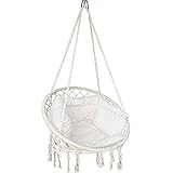 VOUNOT Hängesessel mit Bücherfach & Kissen, Hängeschaukel Hängestuhl für Outdoor Garten, Ø Sitzfläche 80cm, Beige