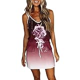Eauptffy 1950Er Vintage Retro Cocktailkleid Rockabilly Faltenrock Casual Women Print Ärmelloses Mini V Rose Dress Dress Loose Neck Strap Pocket Damen Casual Dress Damen Samtkleid