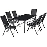 TecTake 800355 Aluminium 6+1 Sitzgarnitur Set, 6 Klappstühle & 1 Tisch mit Glasplatten - Diverse Farben (Dunkelgrau | Nr. 402166)