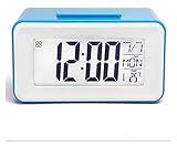 Digitaler Wecker, Bettuhr mit 8 optionalen Alarmringtönen, LCD Anzeige mit Hintergrundbeleuchtung, Indoor-Temperaturanzeige, Snooze-Funktion, 12/24 Stunden, Batteriebetrieben (blau) Steh auf Artefakt