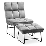 MCombo Sessel mit Hocker, Relaxsessel für Wohnzimmer, moderner Fernsehsessel Loungesessel Stuhl, Samt, 0014 (hellgrau)