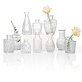 CUCUMI 10-teiliges Knospenvasen-Set in Großpackung, transparente Reliefvase für Tafelaufsätze, Mini-Vintage-Glasvasen für Hochzeit, Zuhause, Tisch, Party-Dekoration