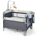 DREAMADE 4 in 1 Reisebett mit Matratze, 120 x 60cm Beistellbett Baby mit Rollen, Babybett Klappbar als Wickeltisch & Laufgitter, Kinderreisebett Baby ab Geburt (Grau)