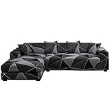 SHANNA Sofa Überwürfe Sofabezug l Form Elastische, Stretch Sofaüberwurf Antirutsch 2er Set 3 Sitzer + 3 Sitzer Sofahusse Sofa Bezug für L-Form Sofa mit 4 Stücke Kissenbezug - Geometrisches Schwarz