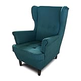 Ohrensessel Sessel King - Lounge Sessel mit Armlehnen - Retro Stuhl aus Stoff mit Holz Füßen - Polsterstuhl für Esszimmer & Wohnzimmer (Blau (Inari 87), ohne Hocker)
