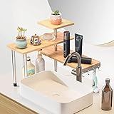 Avilia Eckregal für die Küche, 3 Ablagen, Holz, Bambus, Gestell aus Stahl, Eckregal, Gewürzregal aus Bambus mit Haken