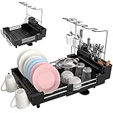 Lannvan Erweiterbares Abtropfgestell, Abtropfgestell Geschirr Faltbar,Geschirrabtropfgestell Edelstahl,Dish Drying Rack mit abnehmbarem Besteckhalter,270° Schwenkbarem Drainageauslauf,Schwarz