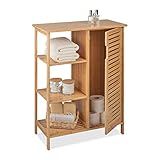 Relaxdays Badschrank Bambus, 3 offene Ablagen & Schrankfach, HBT: 87,5 x 67 x 33 cm, stehendes Badregal mit Tür, Natur