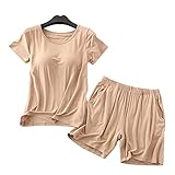ZMHaierle Damen Modal Eingebauter BH T-Shirt & Shorts Gepolsterter Regal-BH Lingerie Lounge Pyjama Tunika Oberteile und Hose, 01 Khaki, 32/M