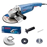 Bosch Professional kabelgebundener Winkelschleifer GWS 2200 P (Scheiben- 230 mm, 2.200-W-Motor, Protection-Schalter, mit Zusatzhandgriff, Schutzhaube, Zweilochschlüssel, Aufnahmeflansch, Spannmutter)