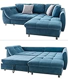 Modernes Ecksofa mit Schlaffunktion und Bettkasten, Wellenunterfederung, gemütliches L-Sofa 250 x 190 cm, Longchair Ottomane rechts, Couch mit Microfaser-Stoff Blau, 2 Zierkissen Grau | 17101