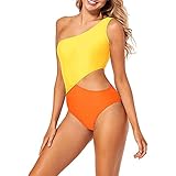 Damen One Shoulder asymmetrischer Badeanzug sexy Diagonaler Kragen Bademode Segmentiert Einteilige Monokini Frauen Hawaii Drucken Einfarbig Strandmode Taille Aushöhlen Erscheinen Bikini Monokini