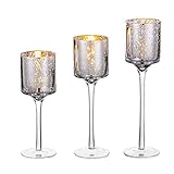 Romadedi Teelichthalter Windlicht Glas Silber - 3er Set Kerzenhalter Hoch Kerzenständer Teelichter Teelichtgläser Stumpenkerzen Hochzeit Wohnzimmer Party Deko Tischdeko, 20/23/26 cm