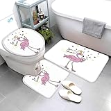 3 Teilig Badematten Set Flamingo Flauschige Mikrofaser Wohnzimmer Badezimmerteppich Rosa rutschfeste Waschbar Badteppich U FöRmiger Konturteppich Toilettendeckel 40x60