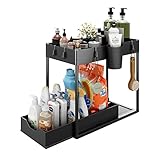 Unter Spüle Lagerung Regal Küche Veranstalter, 2 Tier unter Spüle Schrank Veranstalter mit Schiebe-Lagerung Schublade mit Haken und hängenden Cup, Multi-Use große Kapazität Küche Bad Organisation