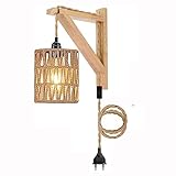 Boho Vintage Lampe Wandlampe Wandleuchte mit Stecker Schalter Kinderzimmer Schlafzimmer Korb Rattan Lampenschirm Led Leselampe Wandmontage E27 Fassung Steckdose Kabellos für das Bad Innen Außen Flur
