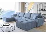 ML Furniture Velvet Ecksofa in U-Form – Blau Sofa – Couch mit Stauraum und Kissen - Ausziehbares Schlafsofa – Sofa mit Schlaffunktion - Schlafsofa mit Bettkasten – Gästebett – 365 x 189 cm