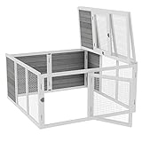 PawHut Kaninchenstall mit Freilaufgehege Kaninchenkäfig Kleintiergehege aufklappbares Dach erhöhten Boden mit Dachfenster Meerschweinchenstall Kleintierstall Tannenholz Metall Grau 120 x 120 x 60 cm