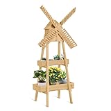 Walnut 32'' x 17'' x 61'' Plant Shelf 2 Tier Wooden with Windmill & Bird House Plant Pots Holder Stand for Living Room,Garden,Courtyard