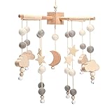 Promise Babe Mobile Baby Windspiele mit Filzbällen Mond Sterne Babyzimmer Holz Gehäkelt Mobile Baby Neugeborene Jungen Mädchen Bettglocke Anhänger zum Aufhängen Babybett Kinderbett Wickeltisch Deko