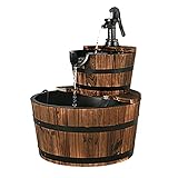 RELAX4LIFE Gartenbrunnen aus Tannenholz, Ø 44,5 cm Holzbrunnen mit Wasserpumpe, Zweistöckiger Springbrunnen mit einstellbarem Wasserdurchfluss, Geschlossener Wasserkreislauf, 19 L, Dekobrunnen Garten
