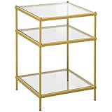 HOMCOM Beistelltisch mit 3 Glasböden Nachttisch Couchtisch Beistelltisch Standregal Flurregal Pflanzenregal aus Hartglas goldem Metallgestell mit 3 Regalen mit Stahlrahmen 40 x 40 x 60 cm