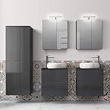 Lomadox Badezimmer Set, 2 Waschtische mit Spiegelschränken und Hochschrank, Hochglanz grau mit Wotan Eiche Nb, B/H/T ca. 207/200/46,1 cm