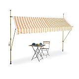 Relaxdays Klemmmarkise, 300 cm breit, höhenverstellbar, ohne Bohren, UV-beständig, Sonnenschutz für Balkon, weiß-orange, 300 x 120 cm