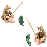 RUNEAY Harz Figuren Angeln 2 Stück,Fischermann Gartenstatue,Gartenzwerg Fischerstatue,Harz Chinesischen Mudman Sitzen Angeln für Aquarium Micro Landschaft Bonsai Fee Garten Dekorationen Garten Decor
