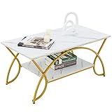 COSTWAY 2 Ebenen Couchtisch mit Marmoroptik, Beistelltisch mit Marmor Ablage Metallbeinen Sofatisch modern für Wohnzimmer und Schlafzimmer 100x50x45cm