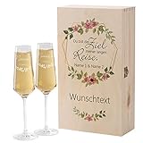 Herz & Heim® Premium Geschenkbox mit 2 Leonardo Puccini Sektgläser zur Hochzeit mit Gratis Gravur und bedruckter Holzbox