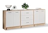 Meble Pitus Kommode Weiß 210 cm Sonoma-Eiche MP2 - Sideboard für Wohnzimmer, Schlafzimmer und Flur - 2 Kommoden mit Türen, Verbunden mit Einer Kommode mit 3 Schubladen - Komodenschrank, Möbelplatte