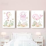 3-Teilig Qualle Seepferdchen Walfisch Leinwand-Poster Drucke Nautischer Ozean Meerestier Kinderzimmer-Kunst Wandbilder Kinderzimmer Raum Dekoration Kunstwerk-40 * 60Cm/16 * 24 Zoll (Ungerahmt)