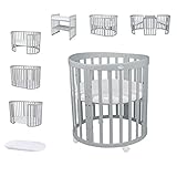 Waldin Oval Babybett Mitwachsend Komplett Set 7in1 - Grau Baby Gitterbett mit Matratze - Babybetten mit Wickelkommode - Baby Bett mit Rollen - Mitwachsendes Kinderbett - Baby Bed - Beistellbett Holz