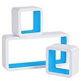 WOLTU Wandregal Cube Regal 3er Set Würfelregal Hängeregal, weiß-blau, Quadratisch Schwebend Design RG9229bl