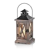 Romadedi Laterne Holz Kerzenständer Windlicht Gartenwindlicht - Rustikale Landhaus Kerzenhalter mit Metall & Glas für Kerzen Vintage Hochzeit Party Weihnachten Tischdeko Innen und Außen Deko 28cm