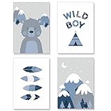 PREMYO Bilder Kinderzimmer Deko Jungen - Tipi Zelt Poster Set Babyzimmer - Wandbilder Schlafzimmer Bär Wildnis Blau A4