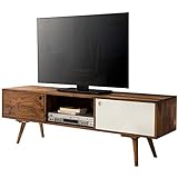 FineBuy TV Lowboard 140 cm Massiv-Holz Sheesham Landhaus 2 Türen & Fach | HiFi Regal braun/weiß 4 Füße | Fernseher Kommode Vintage