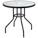 Yaheetech Ø80 cm Gartentisch Bistrotischrund Glastisch, Pflegeleichter Balkontisch mit Schirmloch & Glasplatte Terrassentisch Kaffeetisch Terrassentisch aus Metall für Garten/Balkon/Terrasse, Schwarz