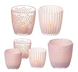 BigDean 6X Windlicht Glas Set 3 Motive, 2 Größen - Rosa - 7,5 & 9 cm hoch - Teelicht-Gläser Windlichter Dekoglas für Kerzen & Teelichter