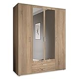 KARL Eleganter Kleiderschrank 4-türig mit viel Stauraum - Vielseitiger Drehtürenschrank in Eiche Sonoma Optik mit Spiegeltüren - 160 x 196 x 54 cm (B/H/T)