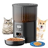 Futterautomat für Katze und Hund,Trockenfutterspender für Haustiere, Katzenfutter Automat mit Futtermatte, 10s Voice Aufnahmefunktion, Schwarz