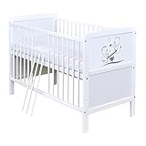 Baby Delux Babybett Kinderbett Juniorbett Holz mit Teddy Wippe Motiv 140x70 Weiß umbaubar NEU